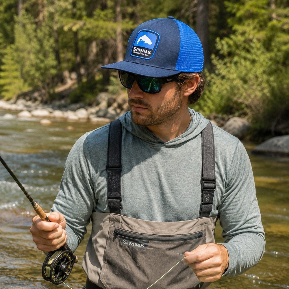 Simms Fishing Mesh Snapback Trucker Hat Blue Performance Fishing Cap OSFA